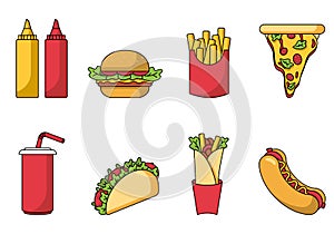 Set of a cartoon fast food isolated on a beige background. Hamburger, tacos, pizza, hot-dog, French fries, soda, soys