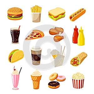 Set of cartoon fast food. Vector illustration, eps10, isolated on white.