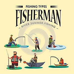 Set of cartoon fisherman catches fish sitting boat fisher threw fishing rod into water, happy fishman holds catch and