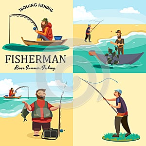 Set of cartoon fisherman catches fish sitting boat fisher threw fishing rod into water, happy fishman holds catch and