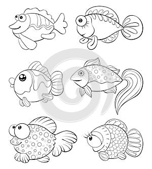 A children coloring book,page for relaxing,a set of cartoon fishes image.Line art style illustration