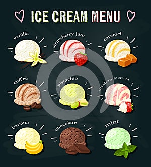 Set of cartoon food on chalkboard: ice cream with different flavours
