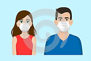 Set of cartoon front view vector of a man and a woman wearing protective face mask - covid-19 safety measures