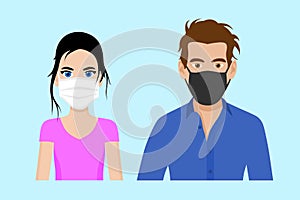 Set of cartoon front view vector of a man and a woman wearing protective face mask - covid-19 safety measures, restriction