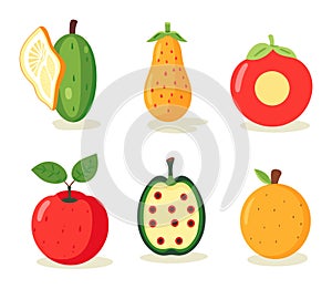 Set of cartoon fruits with cute faces. Lemon, guava, papaya, tomato, apple, watermelon, and orange. Fresh summer fruits