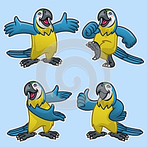 Set cartoon of funny blue and gold macaw bird
