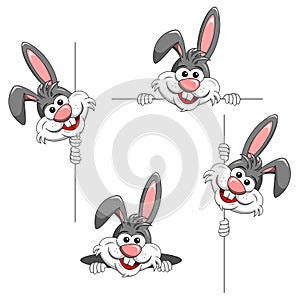 Set of cartoon funny character or mascot rabbit peek a boo behind panel or popping up from hole isolated on white