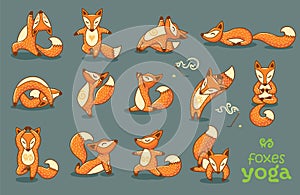 Set of cartoon funny foxes doing yoga position