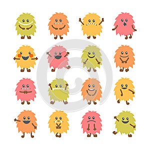 Set of cartoon funny smiley monsters. Collection of different cu