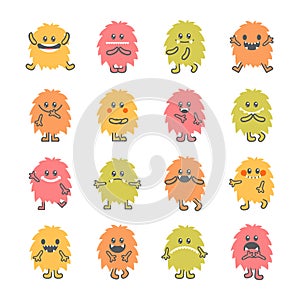 Set of cartoon funny smiley monsters. Collection of hand drawn d