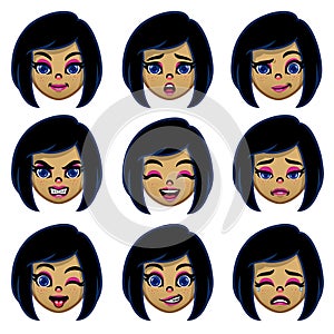 Set of cartoon girl head with various face expression