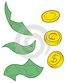 Set of cartoon greenback and coins