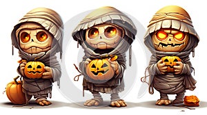 set of cartoon halloween mummies with pumpkins