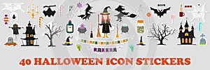 Set of cartoon Halloween stickers. Vector llustration and icon. Isolated sticker pack on grey background. Set of stickers, patches