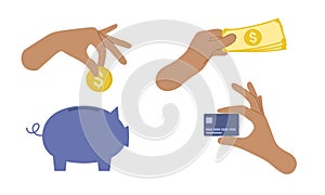 Set of cartoon hands holding coin, credit card, money banknotes. Financial planning concept