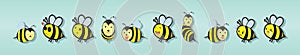 A set of cartoon happy bees icon design template with various models. vector illustration isolated on blue background