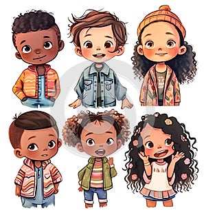 Set of cartoon happy kids portraits, clipart of multiethnic children, smiling boys and girls, isolated characters on white