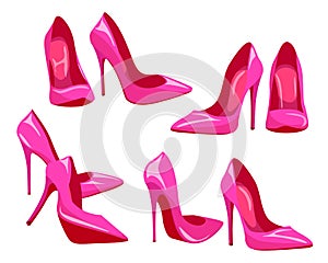 Set of cartoon high heel shoes. Vector women's pink pumps isolated on white