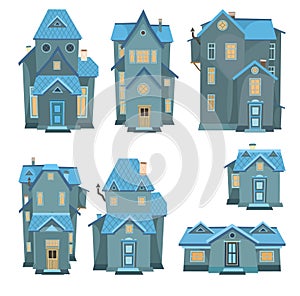 Set of cartoon houses at night. A beautiful, cozy country house in a traditional European style. Collection of Cute