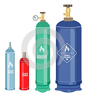 Set of cartoon icons, gas cylinders, balloons with gas, argon, danger explosive gas, warning sign