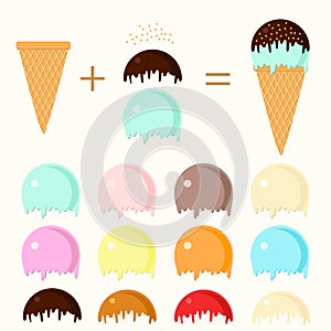 Set of cartoon icons. Ice cream scoops in different colors and waffle cone photo