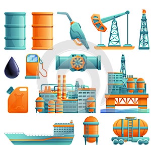 set of cartoon icons on the theme of oil production and refining