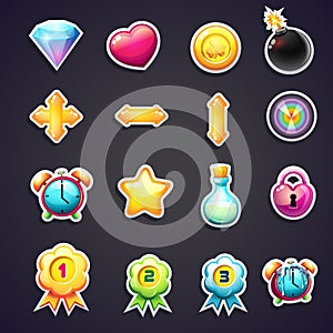 Set of cartoon icons for the user interface of computer games
