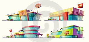 Set of cartoon illustrations, various buildings, car sale centers, car rental.