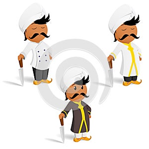 Set of cartoon indian cook chef with moustache