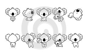 Set of Cartoon Isolated Koala Coloring Page. Cute Vector Kawaii Koala Bear Outline. Collection of Cute Vector Baby