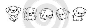 Set of Cartoon Isolated Pug Dog Coloring Page. Cute Vector Kawaii Pug Outline.