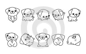 Set of Cartoon Isolated Pug Dog Coloring Page. Cute Vector Kawaii Pug Outline. Collection of Cute Vector Baby Dog