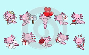 Set of Cartoon Kawaii Axolotl Illustrations in Love. Collection of Cute Vector Isolated Baby Axolotl