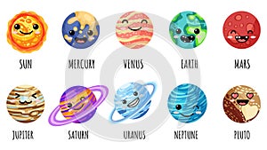 Set of cartoon kawaii planets, stars and satellites. Cosmos theme collection of anime faces. Solar system outer space planets