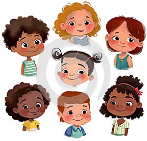 Set of cartoon kids avatars, multinational happy little children faces, isolated on white background. Generative AI