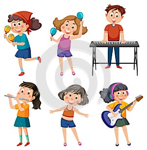 Set of cartoon kids character with music instruments