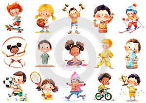 Set of cartoon kids doing different sport activities, isolated cliparts. Children playing in football and basketball, doing
