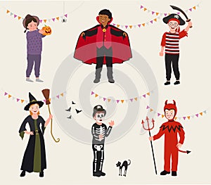 Set of cartoon Kids at Halloween Party Costume. Group of fun and cute kids in halloween costume. Vector illustration