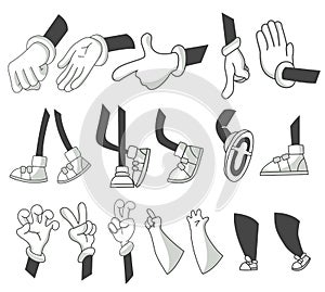 Set of cartoon lags and hands. Clipart arms in different poses. Various hands with different gesture. Vector walking