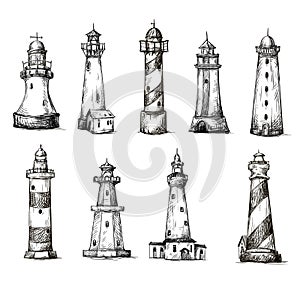 Set of cartoon lighthouses. icons. pencil drawing