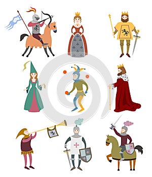 Set of cartoon medieval characters on white background.