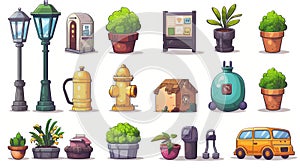 A set of cartoon modern icons representing city items such as trams, water hydrants, litter bins, street lamps with