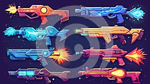 A set of cartoon modern illustrations featuring fireballs, lightning, explosions and a raygun pistol with plasmic beams