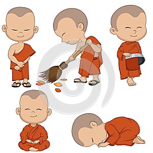 Set of cartoon monks made a routine. Vector and illustration. photo