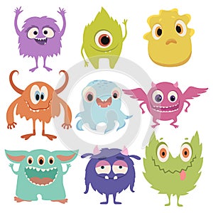 Set of cartoon monsters. Collection of happy monsters. Illustration for children. Mythical animals. Mutants. Vector art.