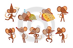 Set of cartoon mouse character in different actions. Running with sweep-net, sleeping, eating cheese, jumping, winking