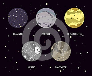 Set of cartoon natural satellites of Jupiter and Neptune. Vector illustration.