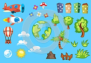 Set of cartoon objects houses in different colors, green trees, white clouds, planet earth, sun and moon, air balloon