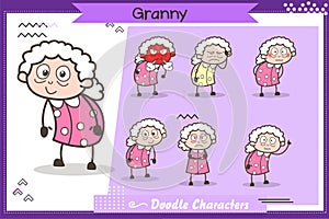Set of Cartoon Old Grandma Character Various Expressions Vector Illustration