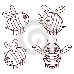 Set cartoon outline cute bees isolated on white background vector illustration